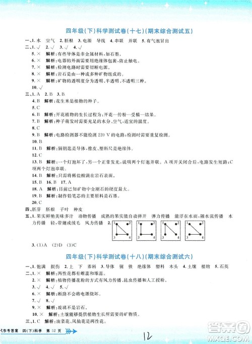 浙江工商大学出版社2021孟建平系列丛书小学单元测试科学四年级下J教科版答案