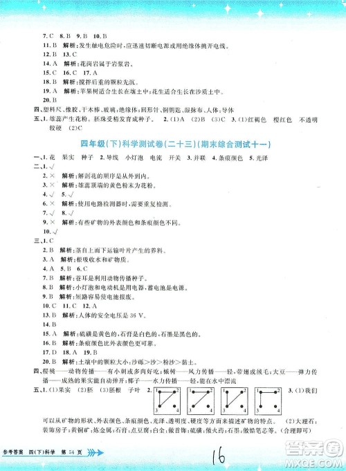 浙江工商大学出版社2021孟建平系列丛书小学单元测试科学四年级下J教科版答案