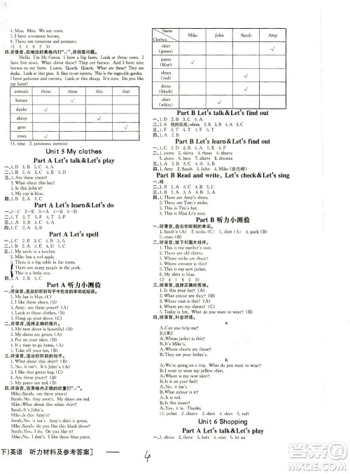 上海大学出版社2021非常1+1一课一练四年级英语下册人教版答案