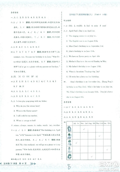 浙江工商大学出版社2021孟建平系列丛书小学单元测试英语五年级下R人教版答案