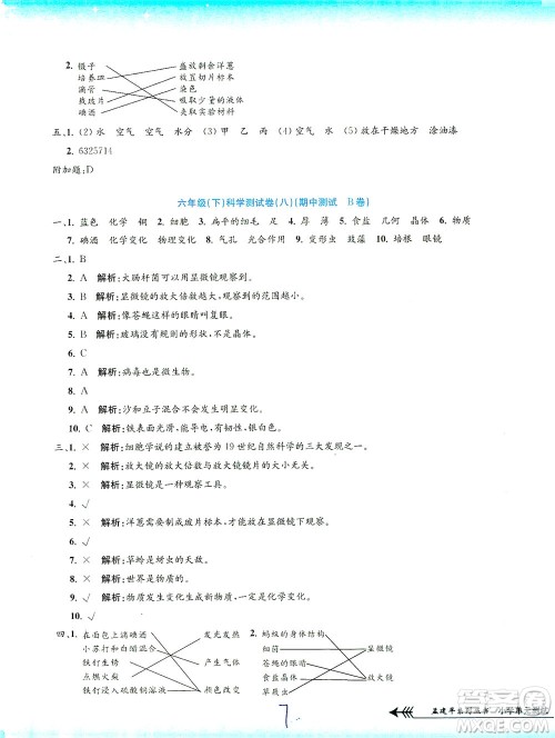 浙江工商大学出版社2021孟建平系列丛书小学单元测试科学六年级下J教科版答案