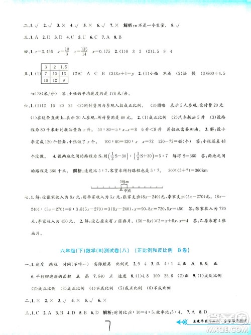 浙江工商大学出版社2021孟建平系列丛书小学单元测试数学六年级下B北师版答案