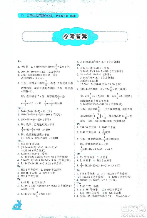 辽宁教育出版社2021尖子生应用题作业本六年级下册北师版参考答案