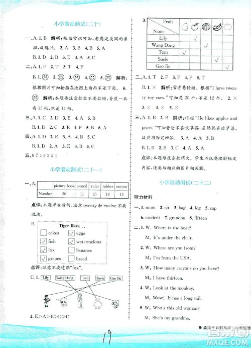 浙江工商大学出版社2021孟建平系列丛书小学滚动测试英语三年级下R人教版答案