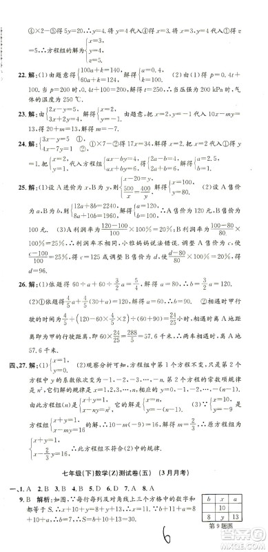 浙江工商大学出版社2021孟建平系列丛书初中单元测试数学七年级下Z浙教版答案