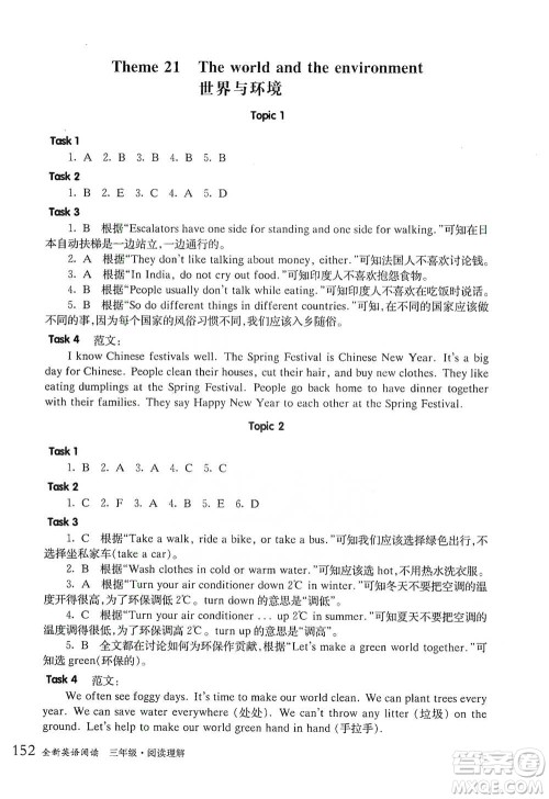 华东师范大学出版社2021全新英语阅读三年级阅读理解参考答案 华东师范大学出版社2021全新英语阅读三年级阅读理解参考答案