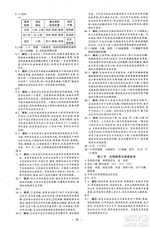 吉林教育出版社2021非常1+1完全题练七年级生物下册人教版答案