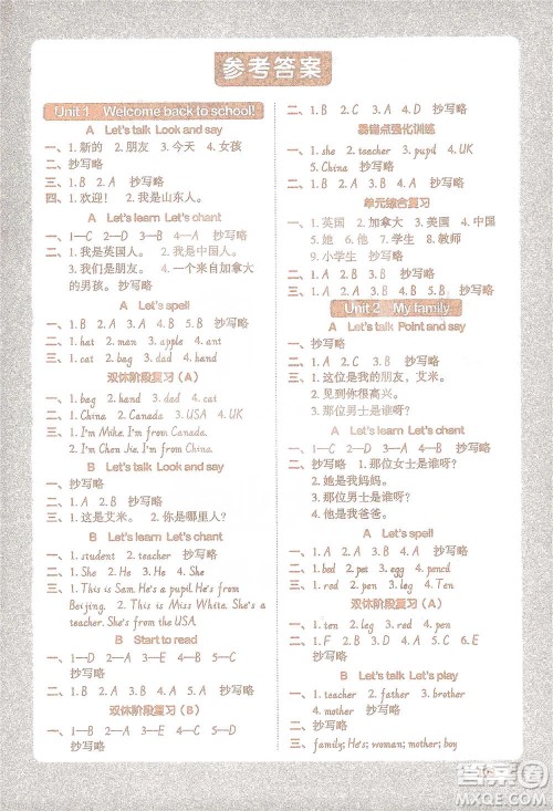 江西教育出版社2021阳光同学默写小达人三年级英语下册人教版参考答案 江西教育出版社2021阳光同学默写小达人三年级英语下册人教版参考答案