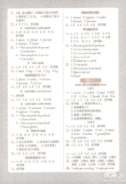 江西教育出版社2021阳光同学默写小达人三年级英语下册人教版参考答案