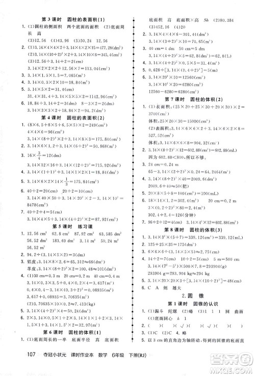 中国地图出版社2021夺冠小状元课时作业本数学六年级下册RJ人教版答案