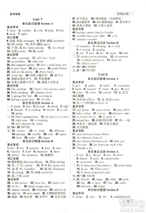 江西美术出版社2021夺冠计划阶段小测英语七年级下册RJ人教版江西专版答案