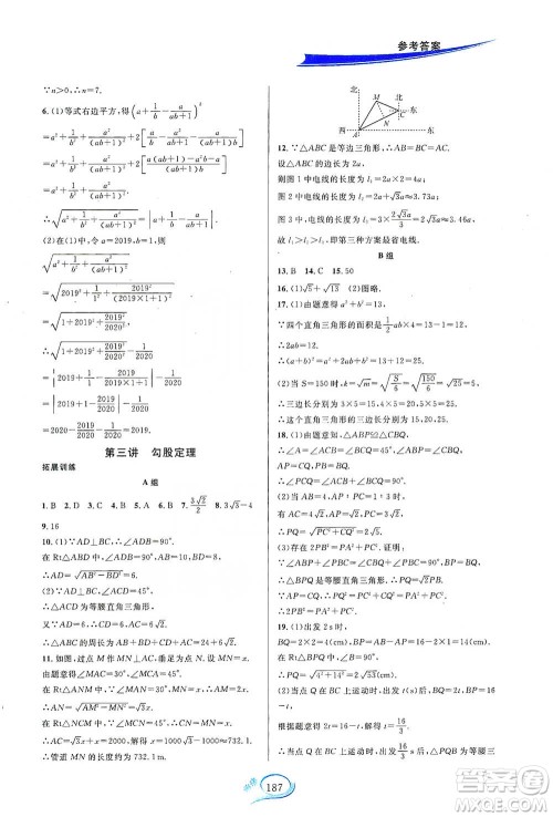华东师范大学出版社2021走进重高培优讲义八年级数学下册人教版参考答案