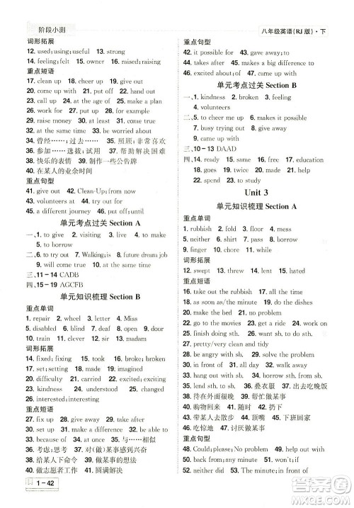 江西美术出版社2021夺冠计划阶段小测英语八年级下册RJ人教版江西专版答案