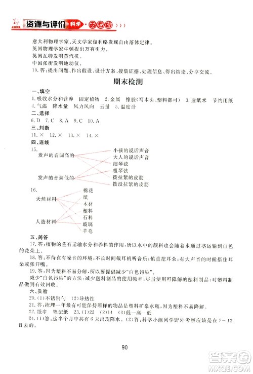 黑龙江教育出版社2021资源与评价三年级科学下册苏教版答案