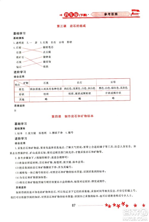 黑龙江教育出版社2021资源与评价四年级科学下册教科版答案