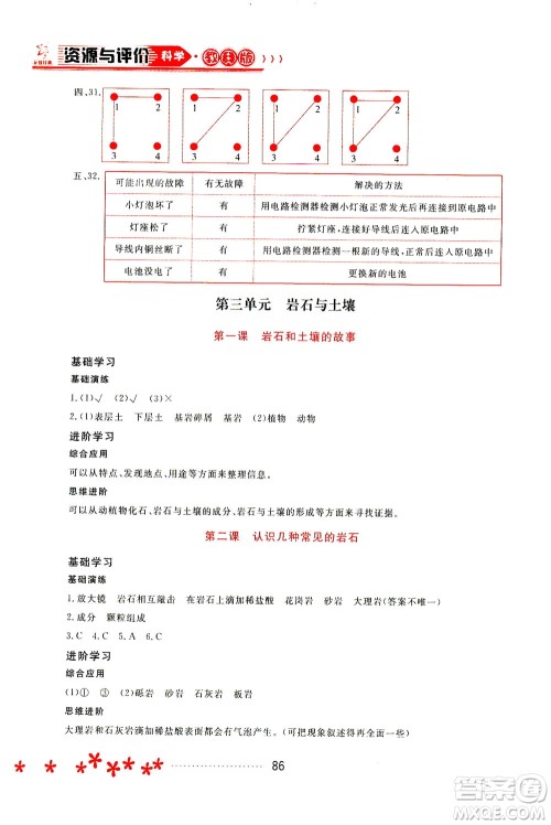黑龙江教育出版社2021资源与评价四年级科学下册教科版答案