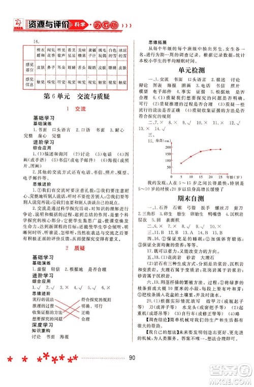 黑龙江教育出版社2021资源与评价五年级科学下册苏教版答案 黑龙江教育出版社2021资源与评价五年级科学下册苏教版答案