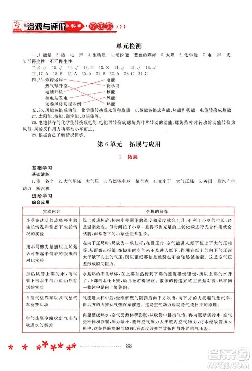 黑龙江教育出版社2021资源与评价六年级科学下册苏教版答案