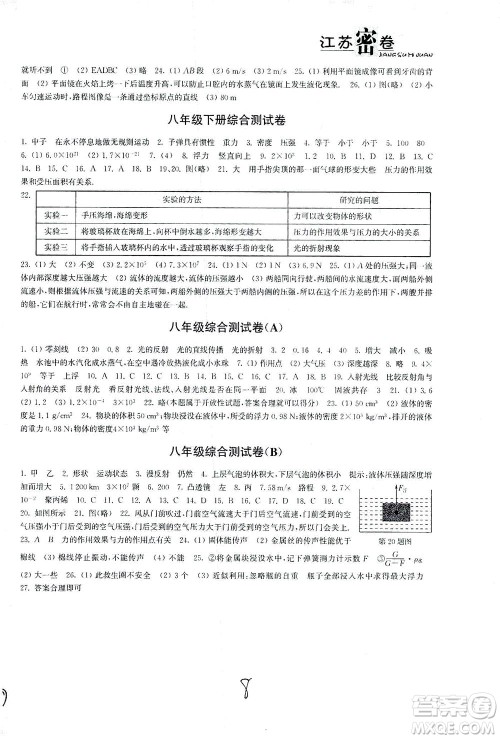 东南大学出版社2021江苏密卷物理八年级下册新课标江苏版答案