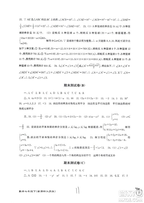 东南大学出版社2021江苏密卷数学七年级下册新课标江苏版答案