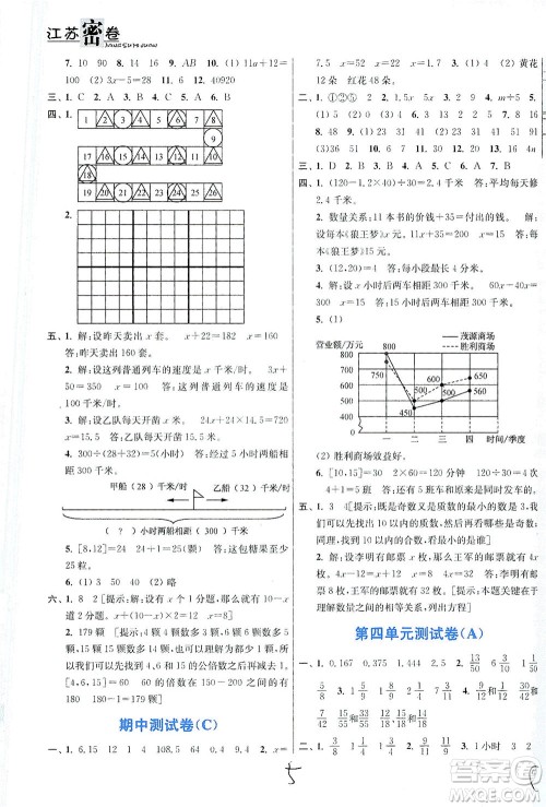 东南大学出版社2021江苏密卷数学五年级下册新课标江苏版答案