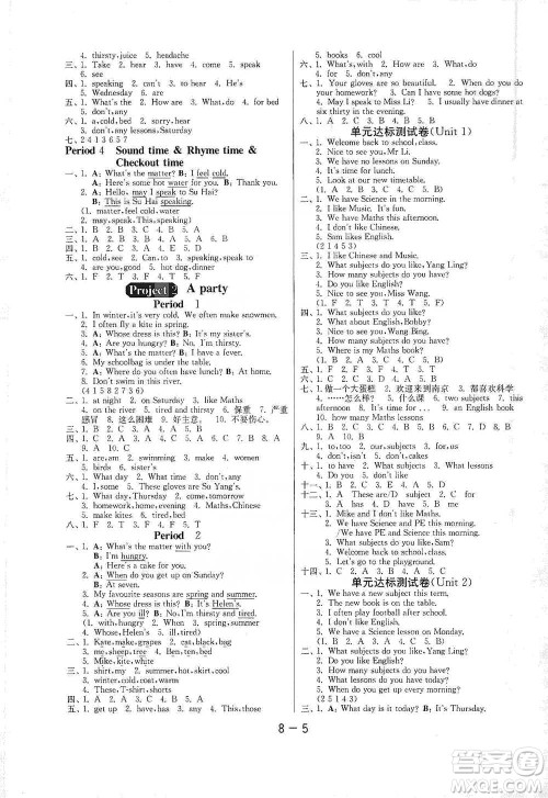 江苏人民出版社2021年1课3练单元达标测试三年级起点四年级下册英语译林版参考答案