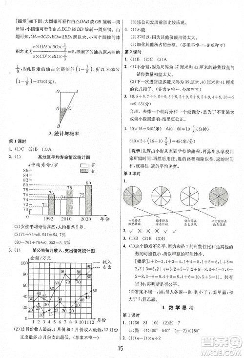 江苏人民出版社2021年1课3练单元达标测试六年级下册数学人教版参考答案