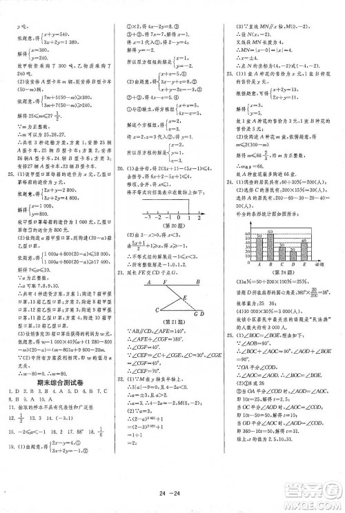 江苏人民出版社2021年1课3练单元达标测试七年级下册数学人教版参考答案