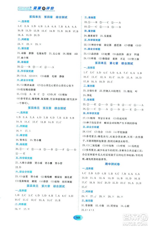 黑龙江教育出版社2021资源与评价七年级生物下册人教版答案