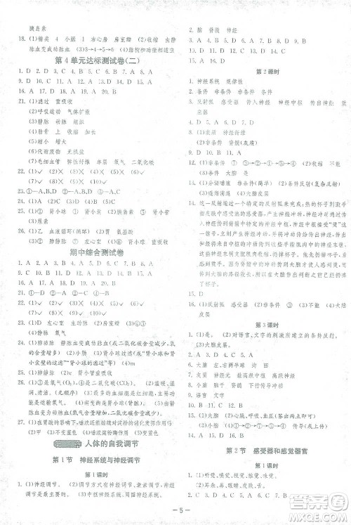 江苏人民出版社2021年1课3练单元达标测试七年级下册生物学北师大版参考答案