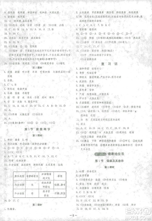 江苏人民出版社2021年1课3练单元达标测试七年级下册生物学北师大版参考答案