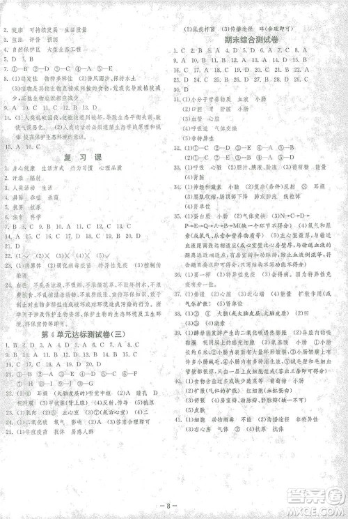 江苏人民出版社2021年1课3练单元达标测试七年级下册生物学北师大版参考答案