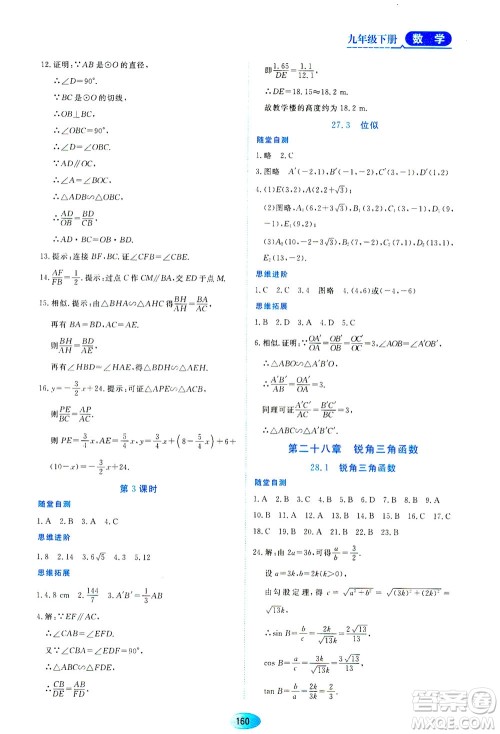 黑龙江教育出版社2021资源与评价九年级数学下册人教版答案