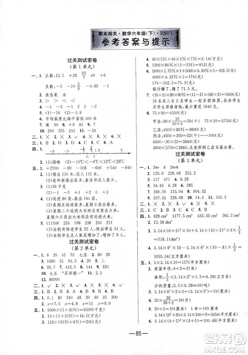 江苏人民出版社2021期末闯关数学六年级下册RMJY人民教育版答案