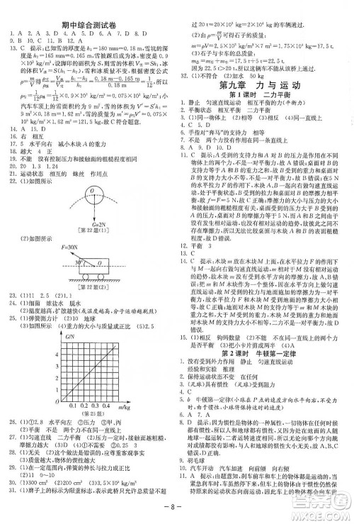 江苏人民出版社2021年1课3练单元达标测试八年级下册物理苏科版参考答案