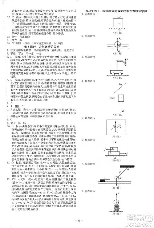 江苏人民出版社2021年1课3练单元达标测试八年级下册物理苏科版参考答案