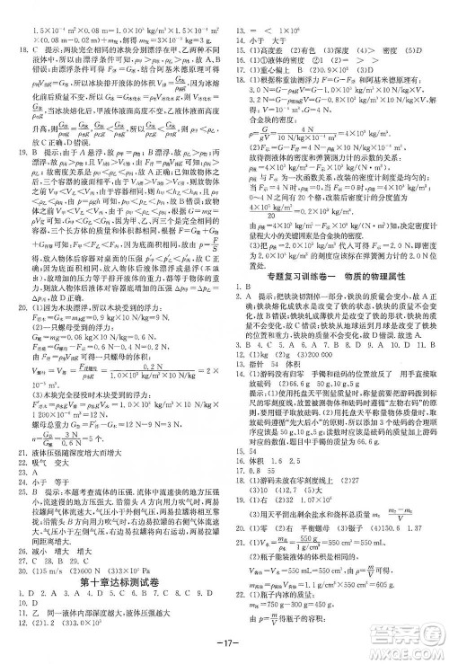 江苏人民出版社2021年1课3练单元达标测试八年级下册物理苏科版参考答案