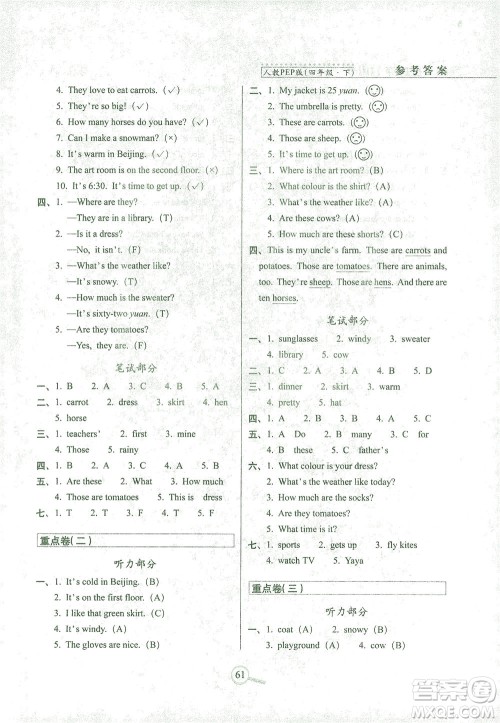 2021长春出版社15天巧夺100分四年级英语下册人教PEP版答案 2021长春出版社15天巧夺100分四年级英语下册人教PEP版答案