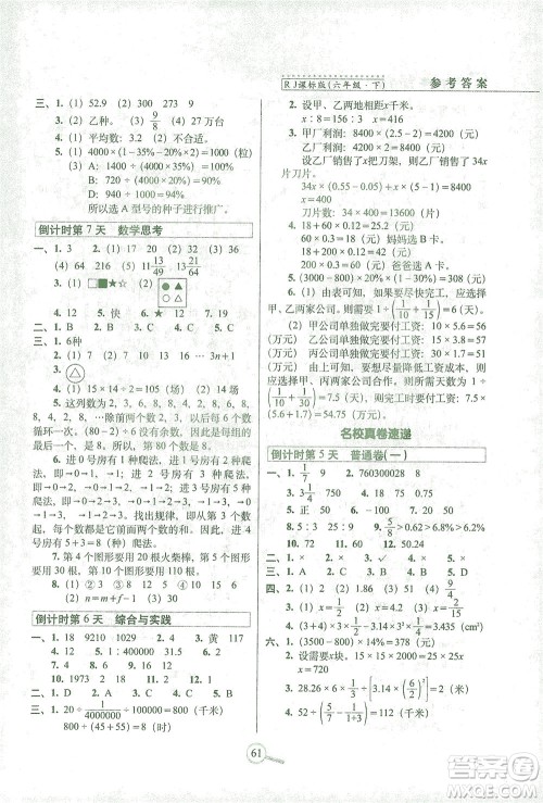 2021长春出版社15天巧夺100分六年级数学下册人教版答案