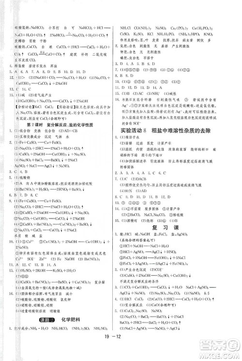 江苏人民出版社2021年1课3练单元达标测试九年级下册化学人教版参考答案