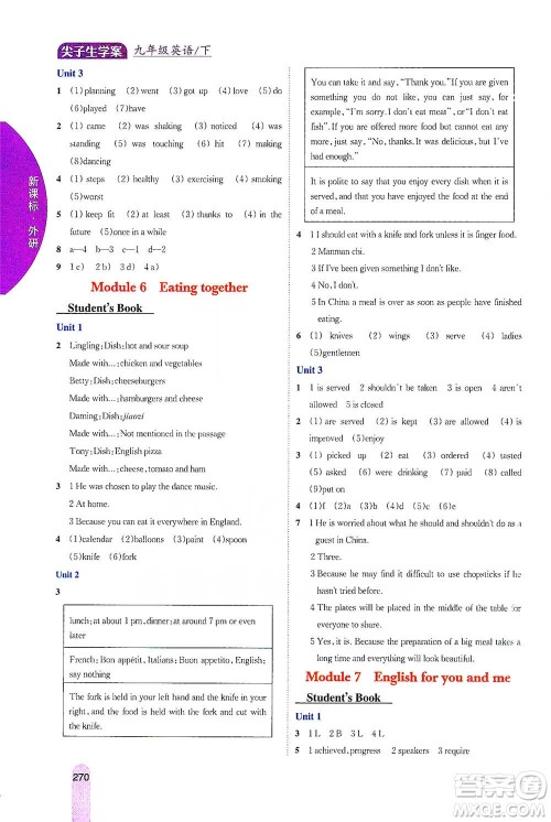 吉林人民出版社2021尖子生学案九年级下册英语外研版参考答案