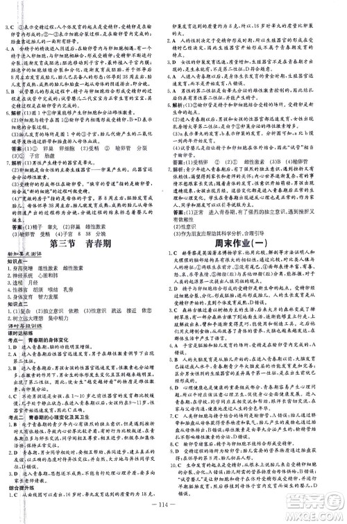 新世纪出版社2021练案课时作业本生物七年级下册人教版答案 新世纪出版社2021练案课时作业本生物七年级下册人教版答案