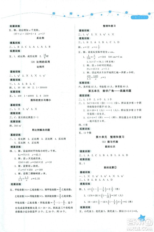 湖南教育出版社2021学法大视野六年级数学下册人教版答案