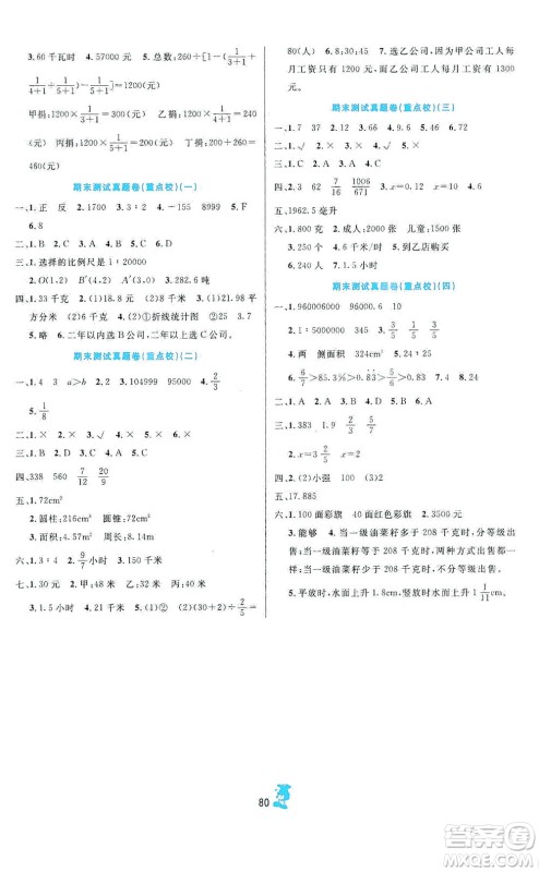 延边人民出版社2021百分金卷夺冠密题数学六年级下册人教版答案