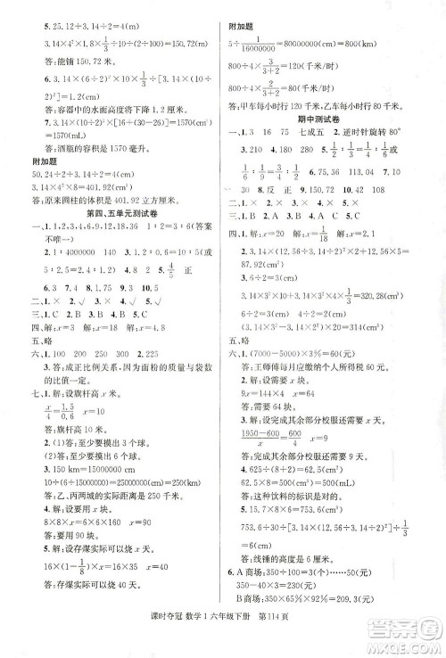 新疆人民出版总社2021课时夺冠数学六年级下册R人教版答案