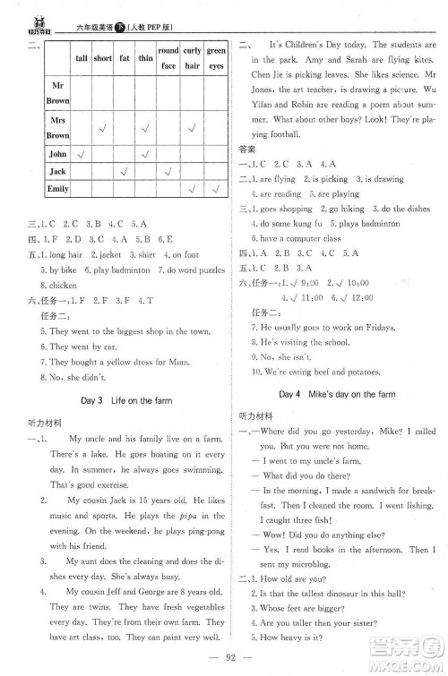 北京教育出版社2021年1+1轻巧夺冠优化训练六年级下册英语人教PEP版参考答案 北京教育出版社2021年1+1轻巧夺冠优化训练六年级下册英语人教PEP版参考答案