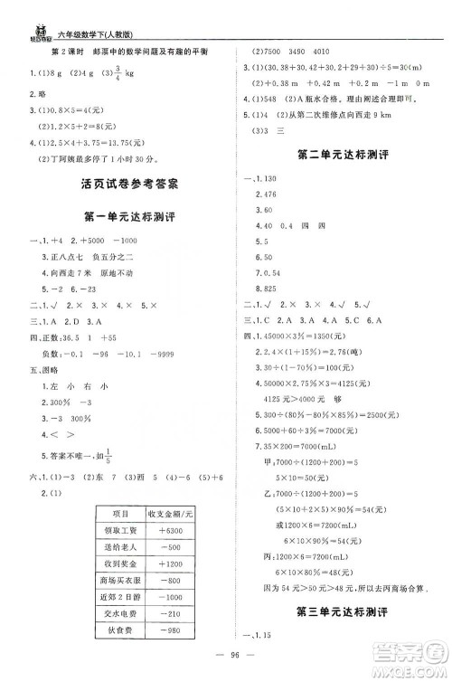 北京教育出版社2021年1+1轻巧夺冠优化训练六年级下册数学人教版参考答案