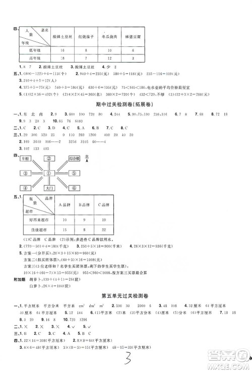 浙江教育出版社2021阳光同学全优好卷三年级下册数学浙江专版人教版参考答案