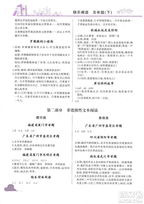 龙门书局2021黄冈小状元快乐阅读五年级下册语文参考答案