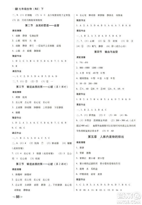 吉林教育出版社2021胜券在握打好基础作业本七年级生物下册RJ人教版答案